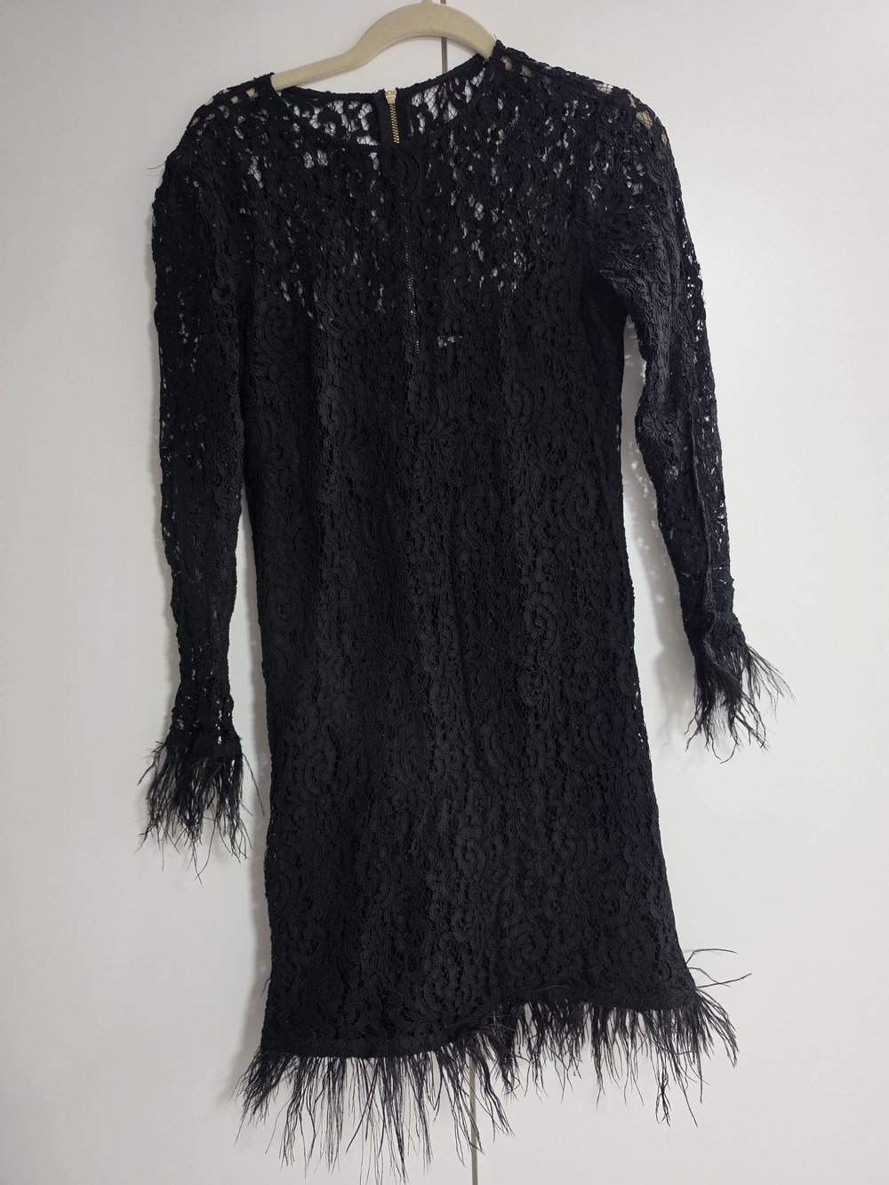 Calvin Klein Black Lace Long-Sleeve Feather-Trim Dress